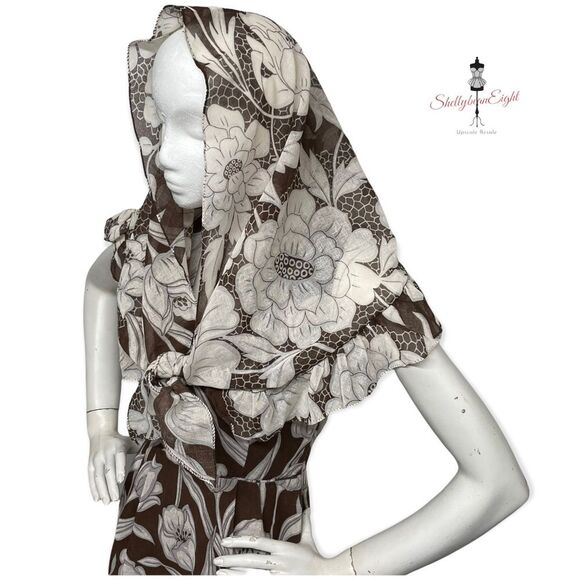 Vintage 1970s Floral Print Brown White Maxi Dress & Matching Shawl Scarf S 4 6 - Picture 4 of 15